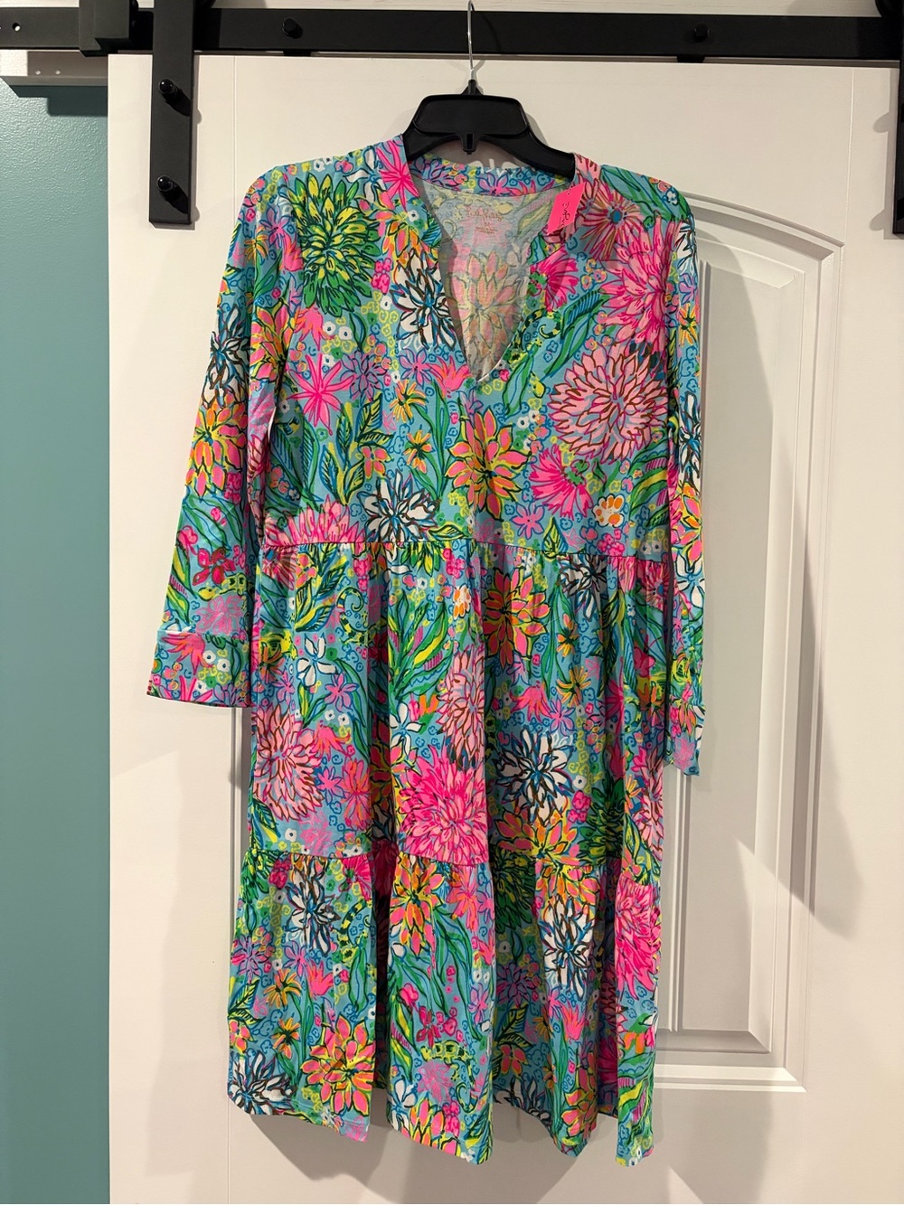 Lilly Pulitzer Aqua and Pink Floral Tiered V-Neck Dress